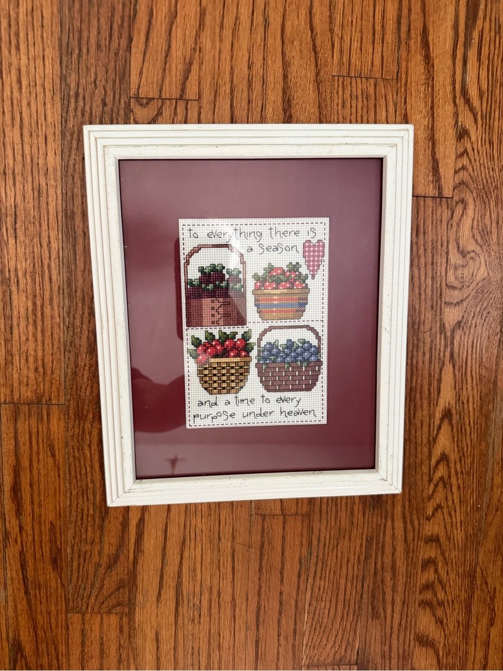 Vintage Framed Cross Stitch "To Every Thing There Is A Season" Berry Baskets